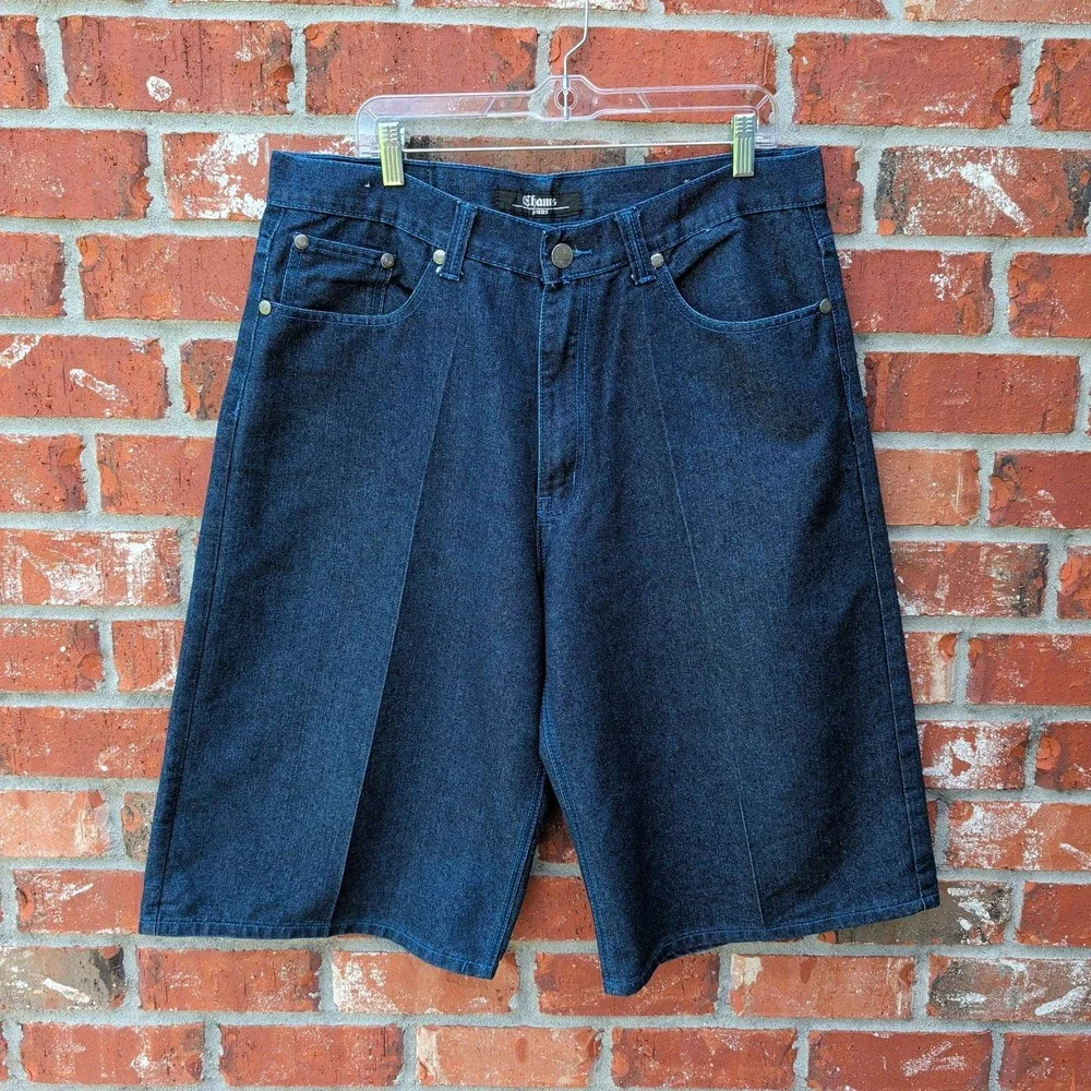 Chams Jeans Denim Shorts Mens 38 Dark Blue Baggy Y2K Embroidered Contrast Stitch